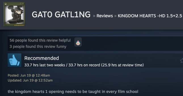 A Steam review reading "the kingdom hearts 1 opening needs to be taught in every film school."