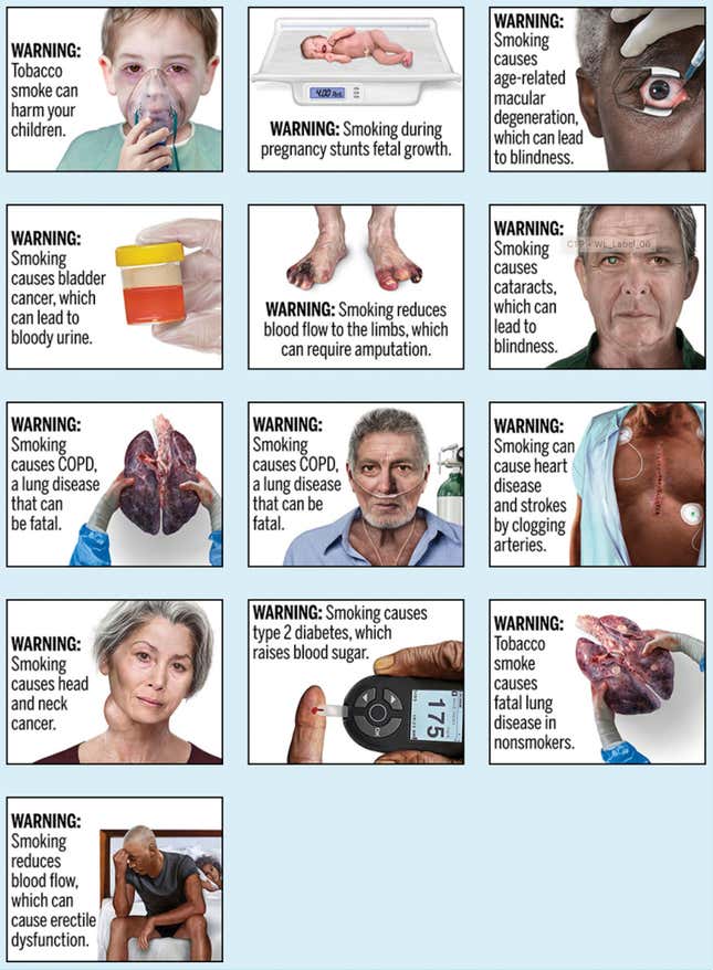 FILE - This image provided by the U.S. Food and Drug Administration, Thursday, Aug. 15, 2019, shows proposed cigarette warning labels. A federal rule requiring that cigarette packs and advertising include graphic images demonstrating the effects of smoking, including pictures of smoke-damaged lungs and feet blackened by diminished blood flow, does not violate the First Amendment, a federal appeals court ruled Thursday, March 21, 2024. (FDA via AP, File)