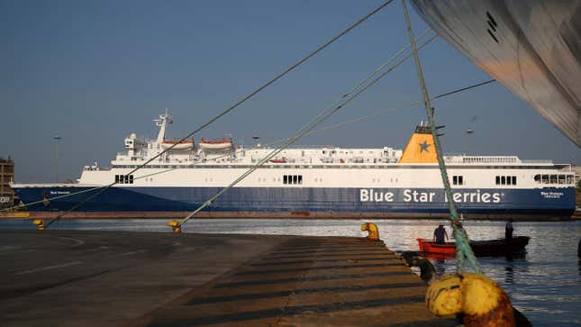 The ferry boat Blue Horizon is docked during seamen's unions strike at the port of Piraeus, near Athens on Sept. 3, 2018.