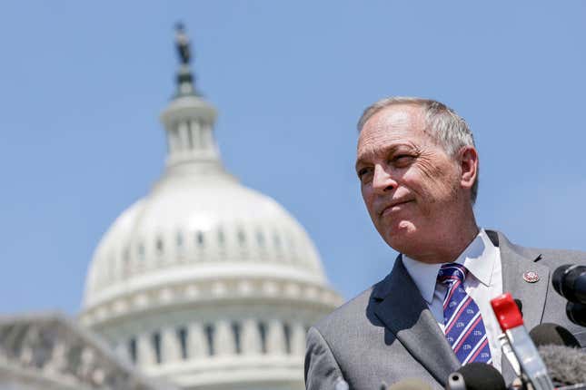 U.S. Rep. Andy Biggs (R-AZ), joined by lawmakers and family members of January 6th insurrectionist prisoners, speaks during a press conference on the House January 6 Committee hearings at the U.S. Capitol on June 15, 2022, in Washington, DC.