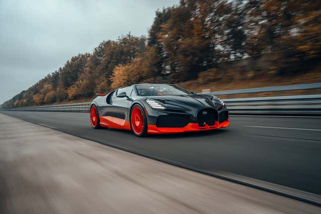 Front 3/4 view of the black and orange Bugatti W16 Mistral World Record Car