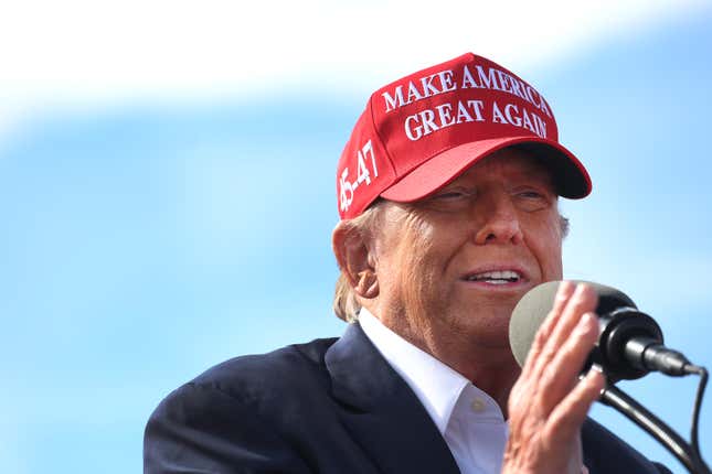 VANDALIA, OHIO - MARCH 16: Republican presidential candidate former President Donald Trump speaks to supporters during a rally at the Dayton International Airport on March 16, 2024 in Vandalia, Ohio. The rally was hosted by the Buckeye Values PAC. 