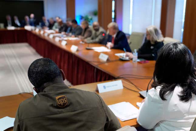 Republican presidential candidate former President Donald Trump meets with members of the International Brotherhood of Teamsters at their headquarters in Washington, Wednesday, Jan. 31, 2024. (AP Photo/Andrew Harnik)