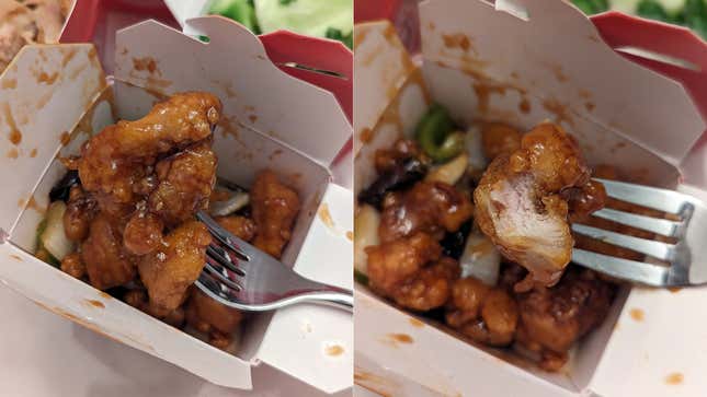 Blazing Bourbon Chicken from Panda Express, before and after a bite