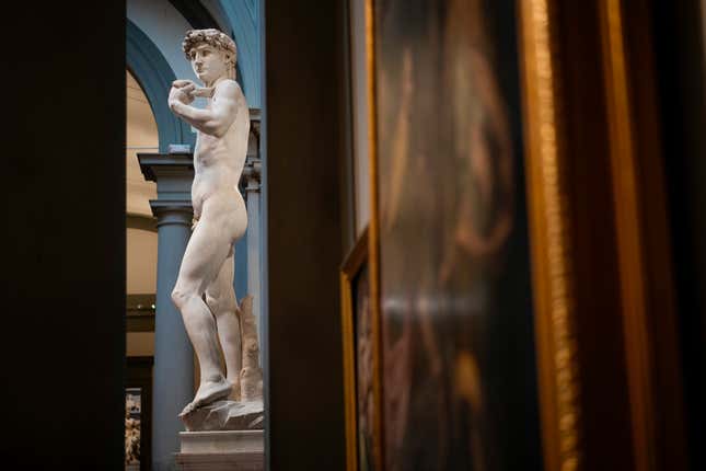 Michelangelo&#39;s 16th century statue of David is seen on display at the Accademia gallery, in Florence, central Italy, Monday, March 18, 2024. Michelangelo’s David has been a towering figure in Italian culture since its completion in 1504. But curators worry the marble statue’s religious and political significance is being diminished by the thousands of refrigerator magnets and other souvenirs focusing on David’s genitalia. The Galleria dell’Accademia’s director has positioned herself as David’s defender and takes swift aim at those profiteering from his image. (AP Photo/Andrew Medichini)