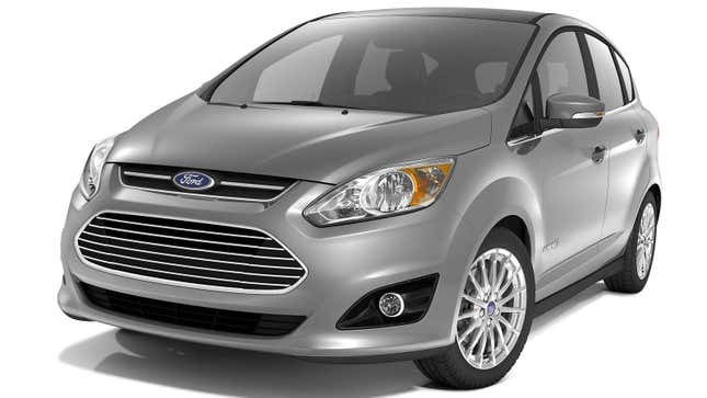 A gray Ford C-Max parked in front of a plain white background