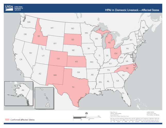 USDA'ya göre 14 Mayıs 2024 itibarıyla süt sığırlarında pozitif kuş gribi vakaları tespit edilen eyaletler.