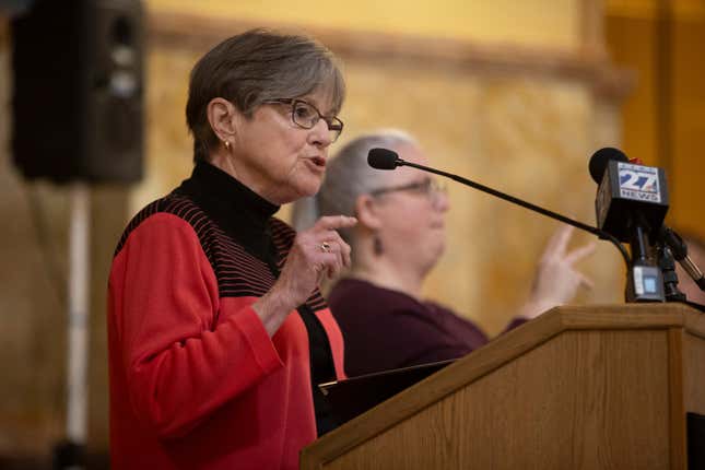 FILE - Kansas Gov. Laura Kelly speaks about the necessity to expand medicaid in Kansas during a rally, March 6, 2024, in Topeka, Kan. Kansas will increase what have been among the lowest benefits in the U.S. for workers who are injured or killed on the job under bipartisan legislation that Kelly signed into law Thursday, April 11. (Evert Nelson/The Topeka Capital-Journal via AP, File)