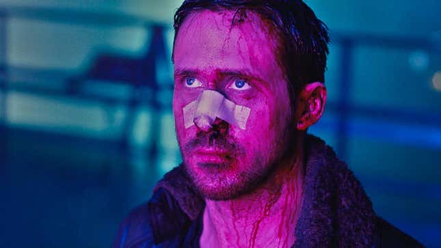 Ryan Gosling appears pink and bloodied in a grim sci-fi dystopia