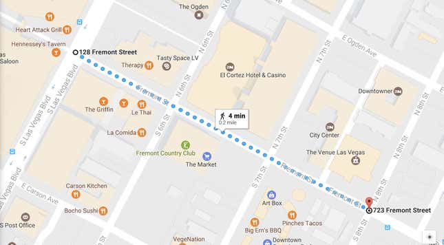 The driverless shuttle route in Las Vegas, Nevada.