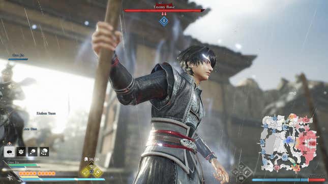 A screenshot of Dynasty Warriors: Origins. The main character is holding what appears to be a polearm as rain falls upon him.