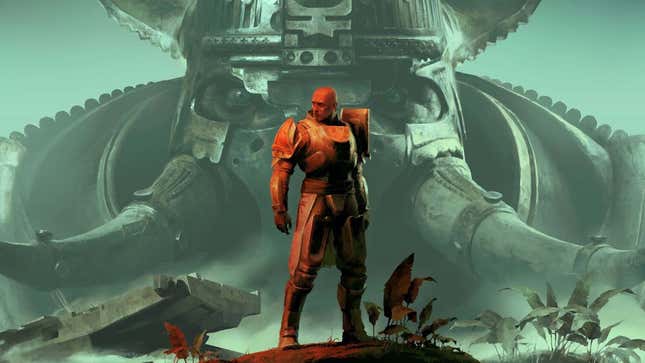 A lone warrior in sci-fi armor stands in front of a large alien with giant tusks. 