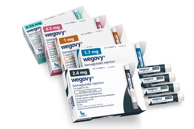 FILE - This image provided by Novo Nordisk in January 2023, shows packaging for the company’s Wegovy medication. The popular weight-loss drug, which has helped millions of Americans shed pounds, can now be used to reduce the risk of stroke, heart attacks and other serious cardiovascular problems in patients who are overweight or who have obesity, the U.S. Food and Drug Administration said Friday, March 8, 2024. (Novo Nordisk via AP)