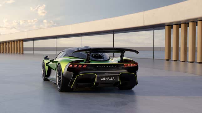 Rear 3/4 view of a green Aston Martin Valhalla