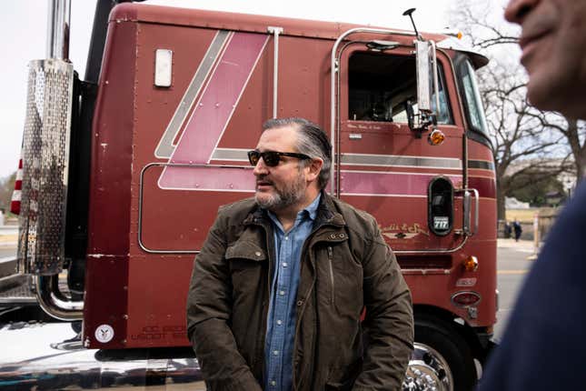 Sen. Ted Cruz (R-TX) arrives with one truck from the Peoples Convoy at the U.S. Capitol March 10, 2022 in Washington, DC.