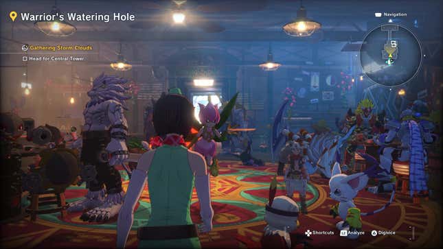 The player walking through a crowded bar of Digimon.