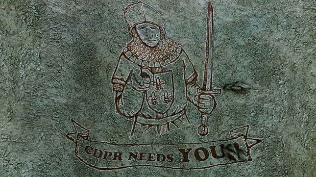 A etching on a stone with a soldier pointing and a text box that reads "CDPR NEEDS YOU!"
