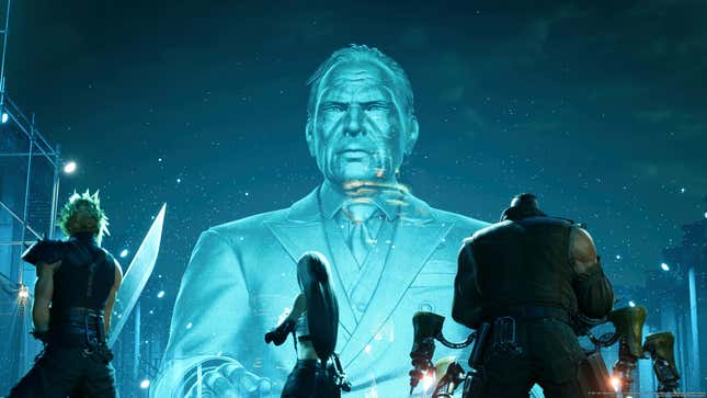 Cloud, Tifa, and Barret talk to a hologram of President Shinra.