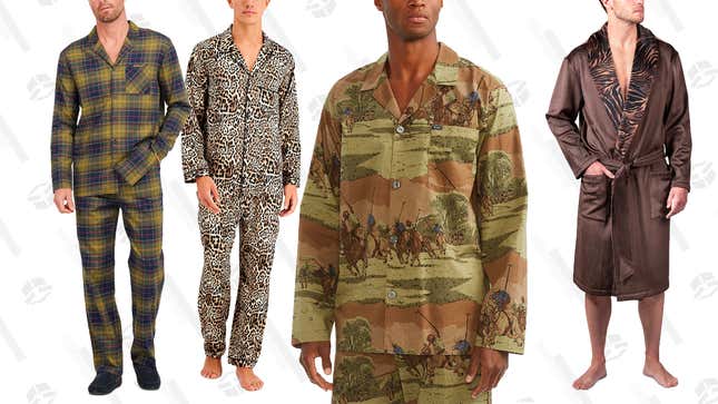 Polo Ralph Lauren Men’s Camo Pajama Shirt | $22 | Macy’s
Polo Ralph Lauren Men’s Camo Pajama Pants | $22 | Macy’s
INC International Men’s Cheetah-Print Pajamas | $50 | Macy’s
Natori Men’s Tiger-Print Robe | $63 | Macy’s
Barbour Men’s Laith Pajama Set | $75 | Macy’s