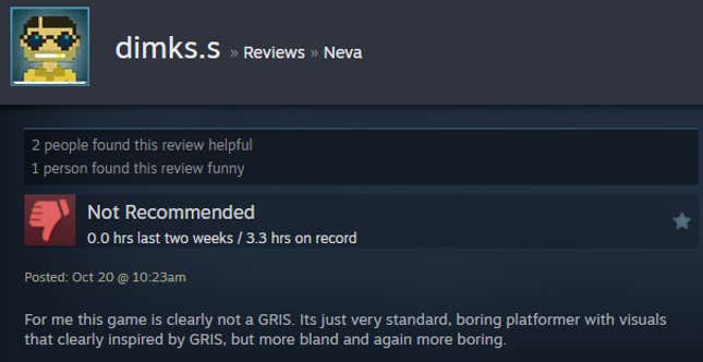 A screenshot shows a Steam user review from Neva.