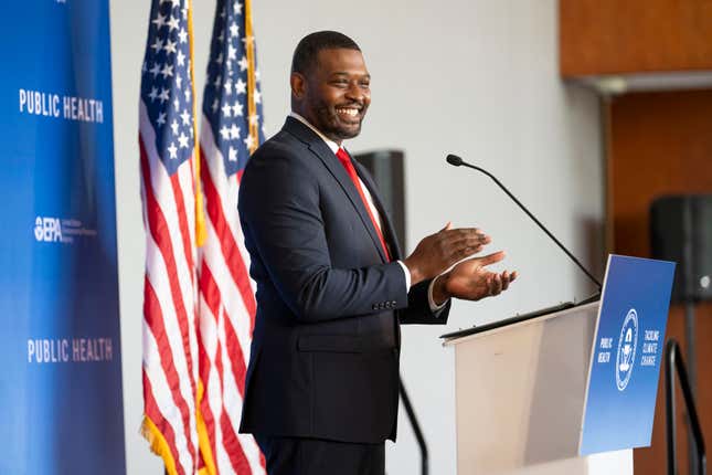 Environmental Protection Agency Administrator Michael Regan announces final standards to reduce pollution from power plants during an event at Howard University on Thursday, April 25, 2024, in Washington. (AP Photo/Kevin Wolf)