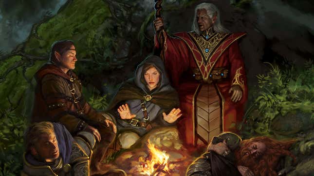 A party of adventurers gathers around a fire.