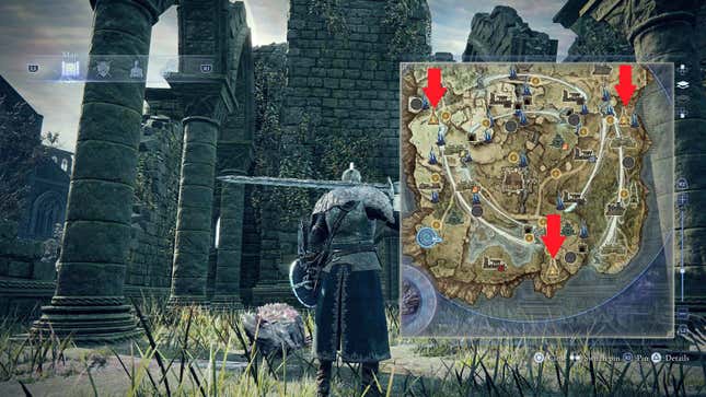 A knight stands in the middle a set of ruins.