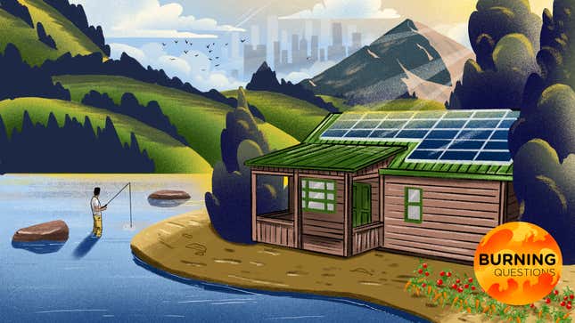 An illustration of a person fishing next to a cottage with solar panels and a city in the distance.
