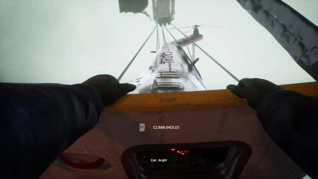 The player holds on to a helicopter hanging off a ledge by cables.