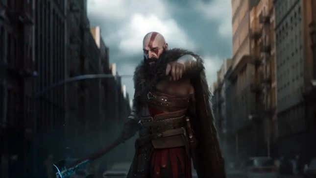 Kratos stands on a city street.