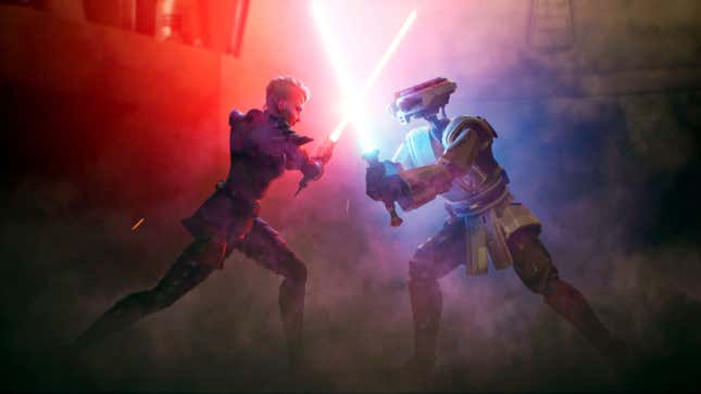 Zwei Lichtschwertbenutzer in „Star Wars: Hunters“ liefern sich einen spannenden, nebligen Kampf.