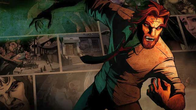 Bigby Wolf gets ready to attack in front of a background of comic panels