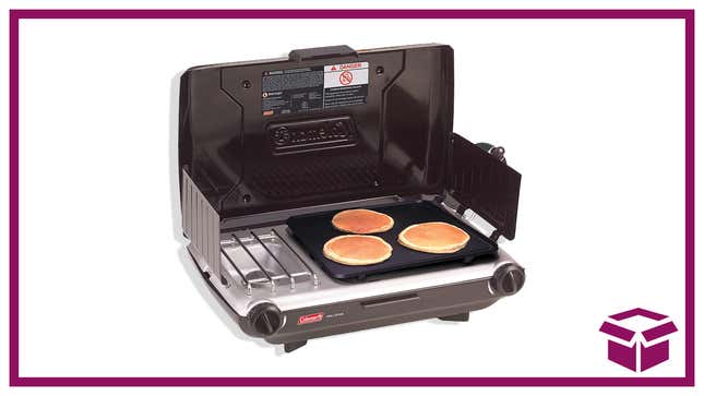 Three pancakes grilling on the camping stove.