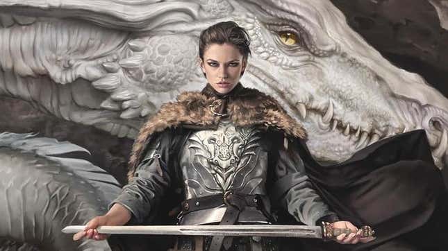 A woman holds a sword in front of a dragon in the cover art for The Fireborne Blade