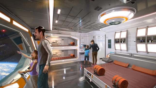 Concept art shows parents and their kids standing in a Star Wars hotel room.
