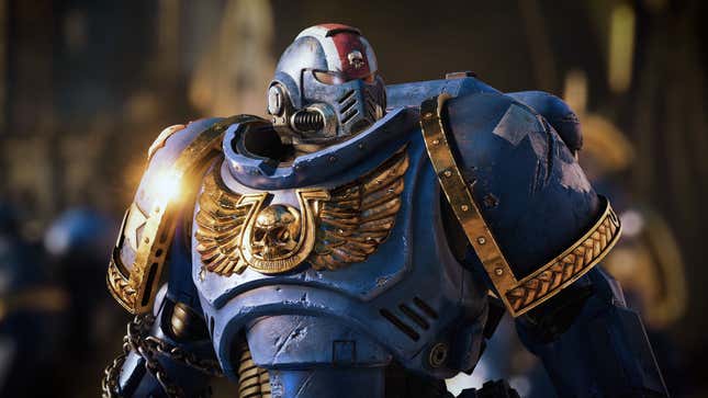 A Space Marine looks enigmatically off to his left, likely thinking about soup or string or maybe a girl.