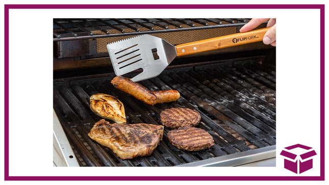 The FlipFork picking up a sausage on a grill next to The Inventory logo