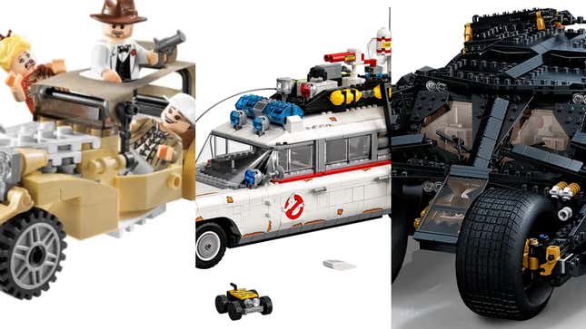 Lego cars styled after Indiana Jones, Ghostbusters, and Batman.