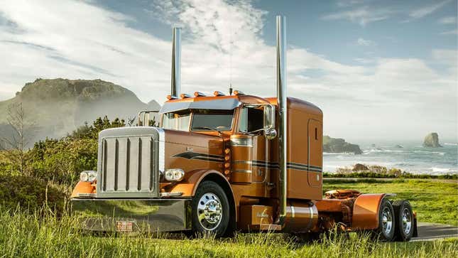 A photo of a brown big rig truck in a field. 