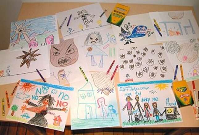 Drawings by children who saw the Super Bowl XXXVIII halftime show.