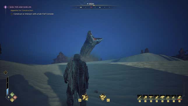 A sandworm breaching in the deserts of Arrakis in Dune Awakening.