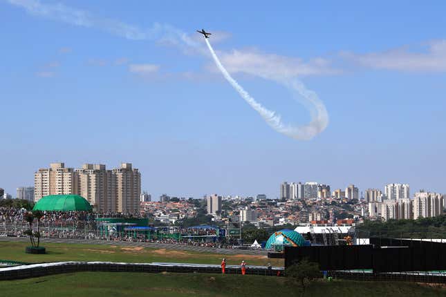 An aerial display is seen over the circuit prior to the F1 Grand Prix of Brazil at Autodromo Jose Carlos Pace on November 05, 2023 in Sao Paulo, Brazil