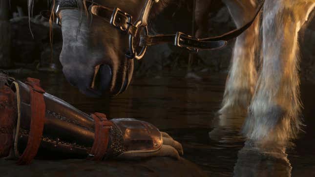 A tarnished Elden Ring lies unconscious on the ground while the ethereal steed Torrent sniffs her hand.