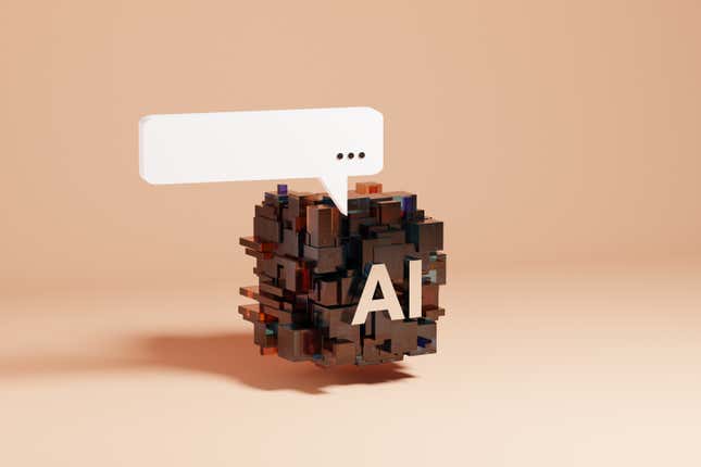 Conceptual image of an AI symbol floating with a speech bubble above it