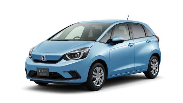 Una foto de un Honda Fit hatchback azul. 