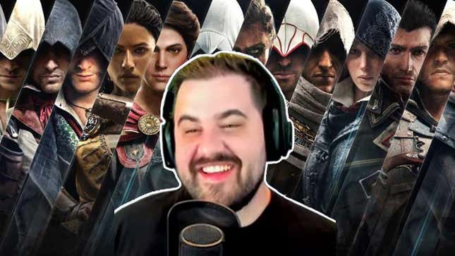 An image shows Dan Allen Gaming sitting in front of several Assassin's Creed protagonists. 
