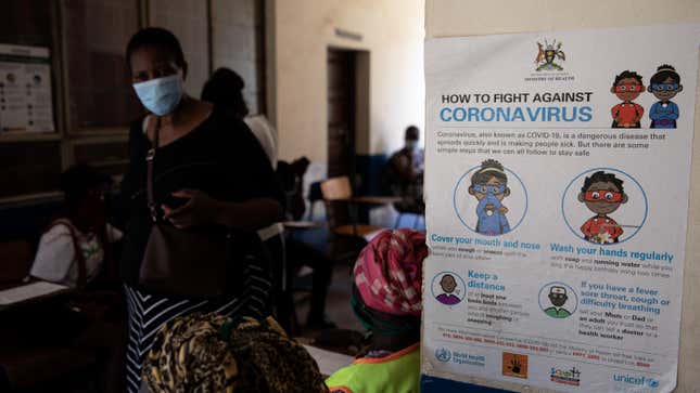 Patients line up prior to being vaccinated against covid-19 on September 29, 2021 in Kampala, Uganda. 