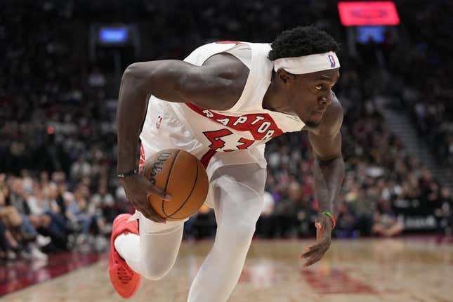 Oct 20, 2023; Toronto, Ontario, CAN; Toronto Raptors forward Pascal Siakam (43) drives to the net against the Washington Wizards during the first half at Scotiabank Arena.