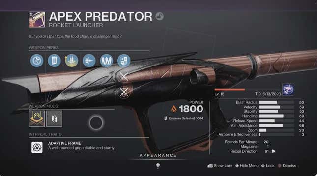 La schermata delle statistiche di Apex Predator mostra i suoi vantaggi. 