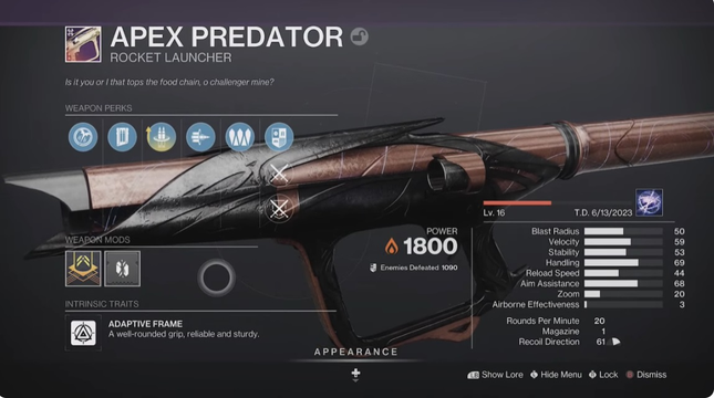 L’écran de statistiques d’Apex Predator montre ses avantages. 